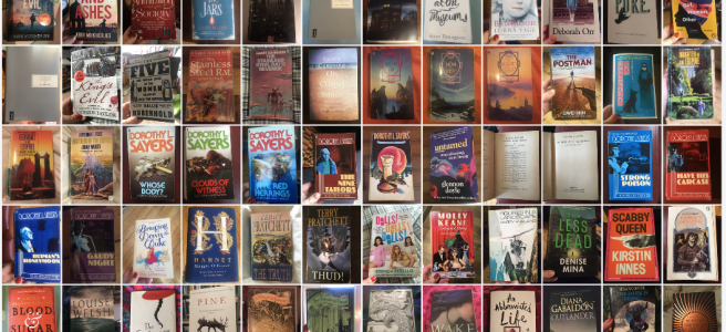 Covers of 60 books in rows and columns