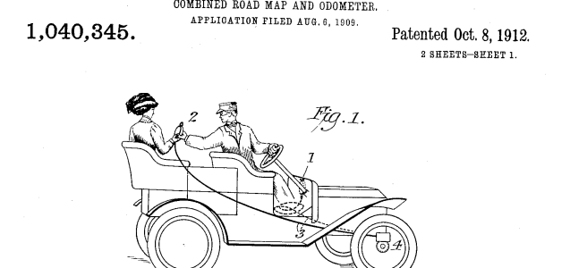 A line drawing showing a woman in the back of an old-fashioned open motor car being handed a round object by the driver. The object is attached to one of the cars' front wheels by a cord.