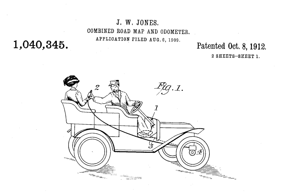 A line drawing showing a woman in the back of an old-fashioned open motor car being handed a round object by the driver. The object is attached to one of the cars' front wheels by a cord.