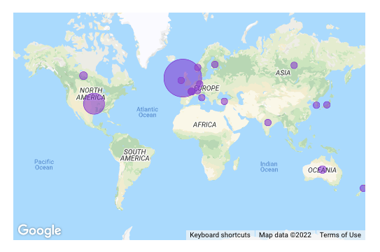 A map of the world with purple circles on some countries varying in size.
