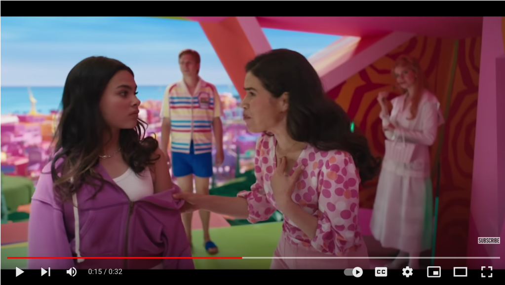 Screenshot from Barbie showing the characters Sasha and Gloria in Weird Barbie's house with Allan and Proust Barbie out of focus in the background 