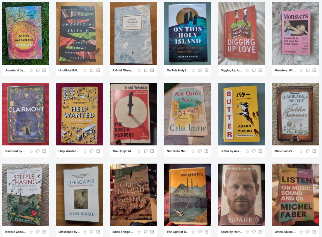 Three rows of small photos showing the covers of 18 books.