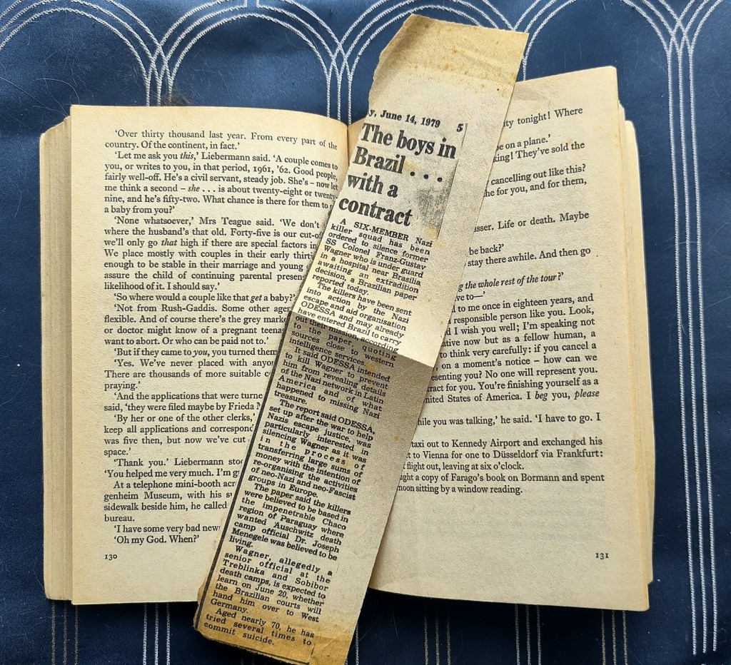 A newspaper cutting from June 14 1979 with the headline 'The Boys in Brazil...with a contract' about a Nazi killer squad sent to murder a former SS colonel who was being extradited.