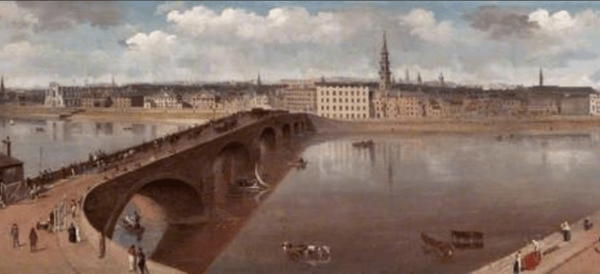 An old painting of the river Clyde showing a bridge in the centre leading to building on the other side of a wide river. on the right the river stretches to an area of green land, and the left to a an area of cone-shaped buildings with smoky chimneys